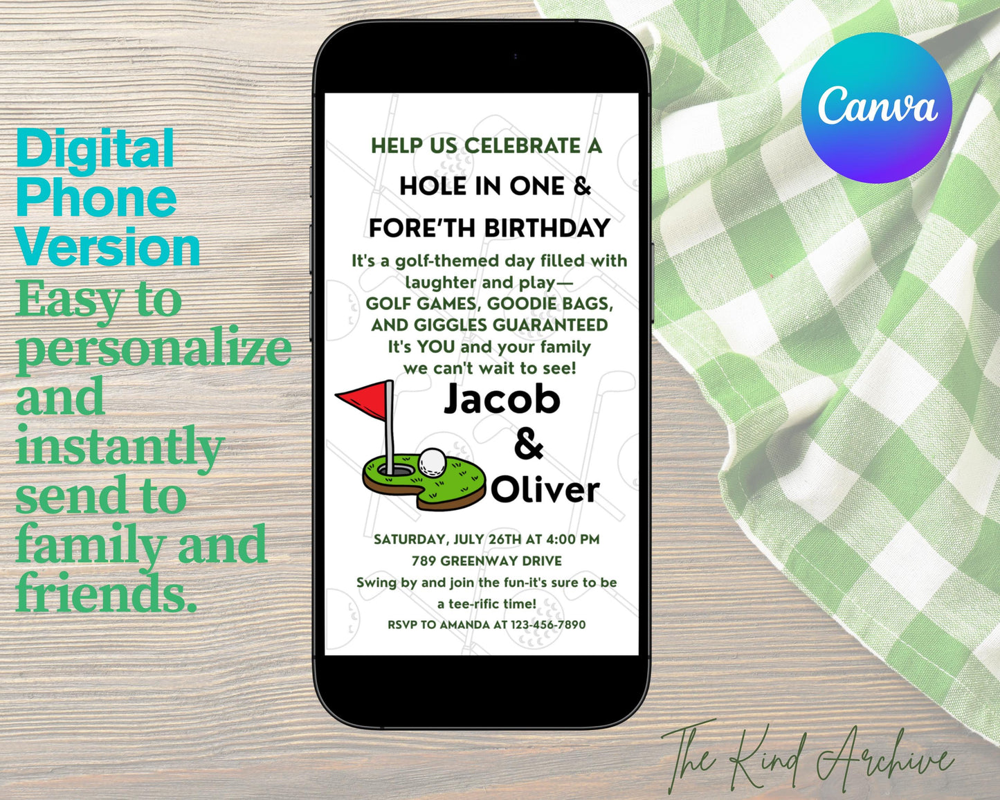Golf Birthday Invitation | Hole in ONE and FOREth Birthday Party | Editable Golf Invite | Printable Twin or Sibling Invite