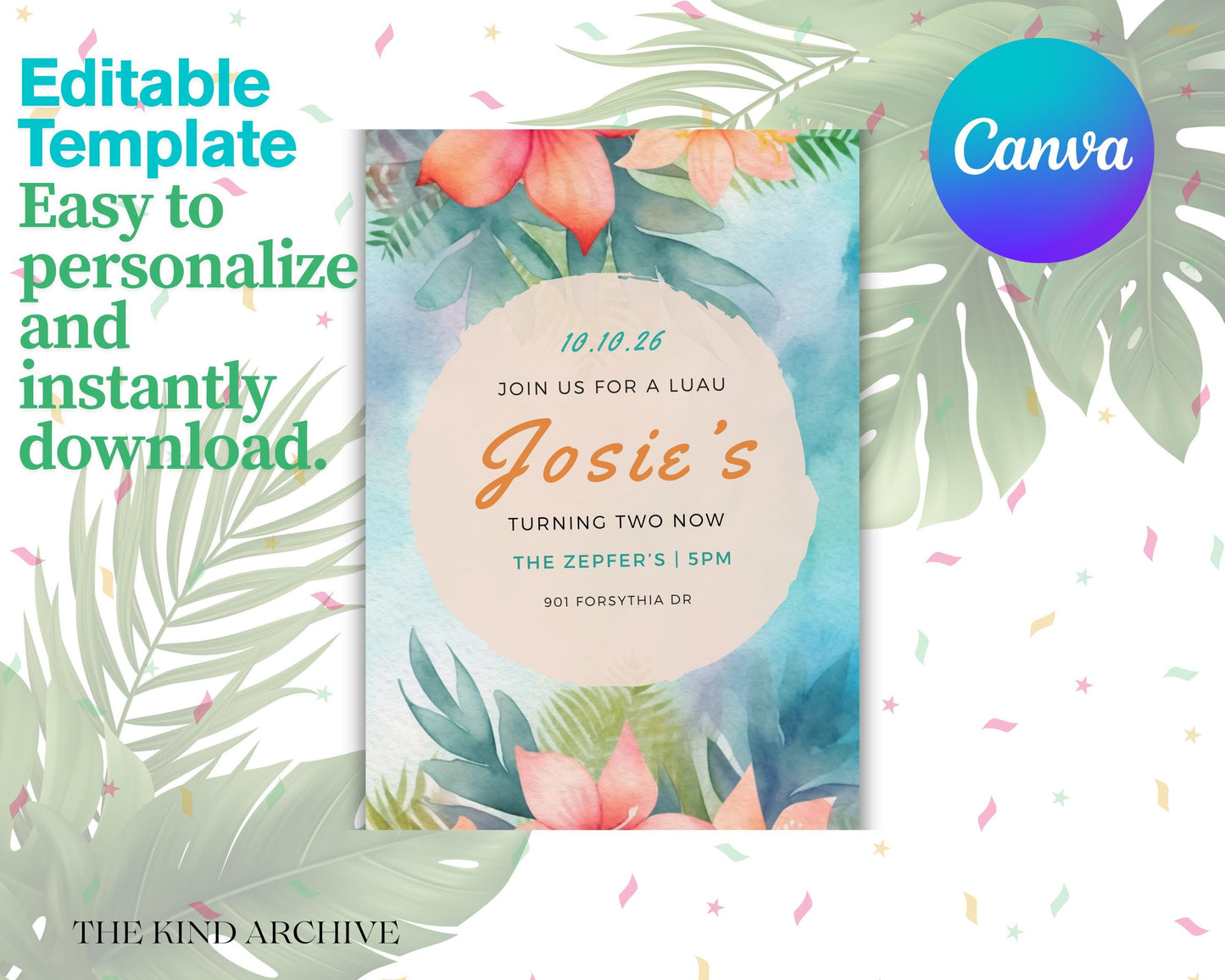 Luau Birthday Invitation Template | Editable Tropical Party Invite | Digital Canva Download | Printable Floral Birthday Invite