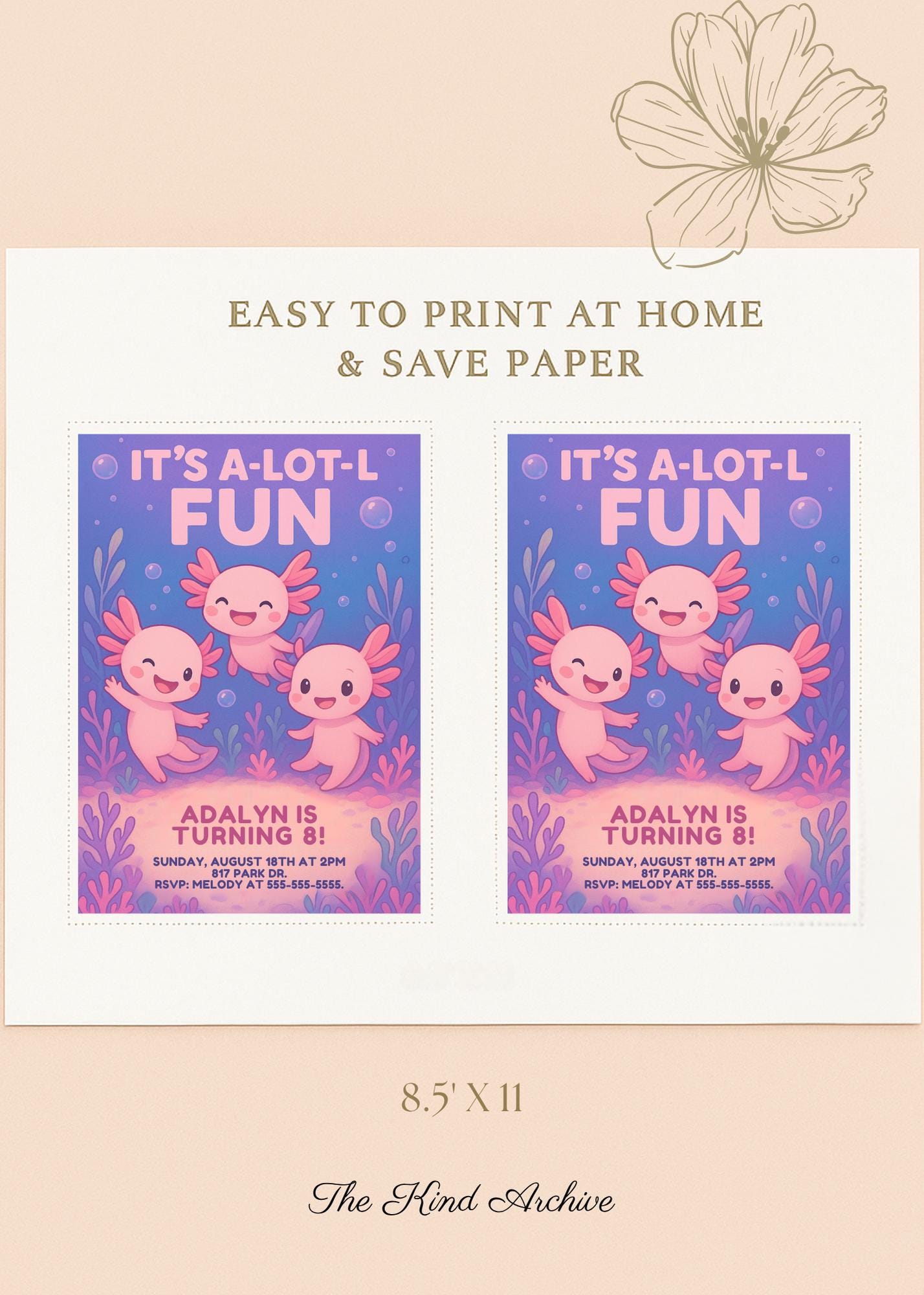 Axolotl Birthday Invitation | Editable Underwater Party Invite | Girl 8th Birthday | Pink Blue Purple | Instant Download