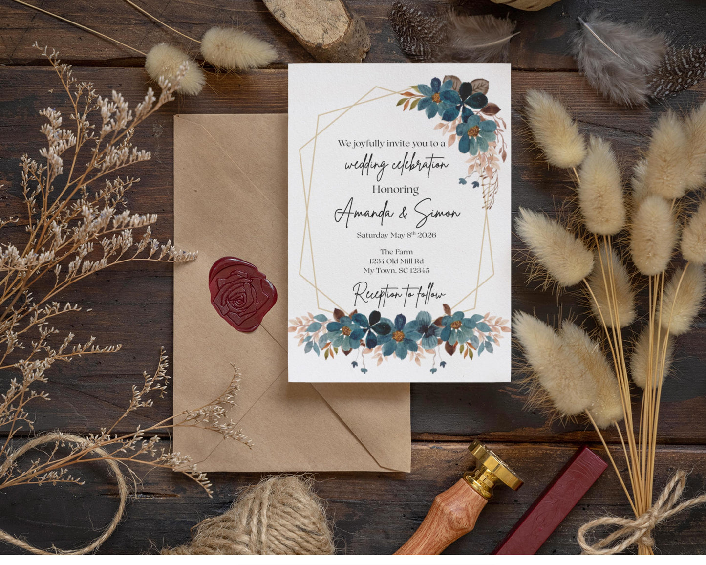 Elegant Boho Wedding Invitation Suite – Editable Canva Template | Blue & Blush Floral Design