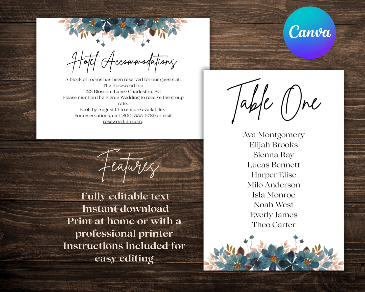 Elegant Boho Wedding Invitation Suite – Editable Canva Template | Blue & Blush Floral Design