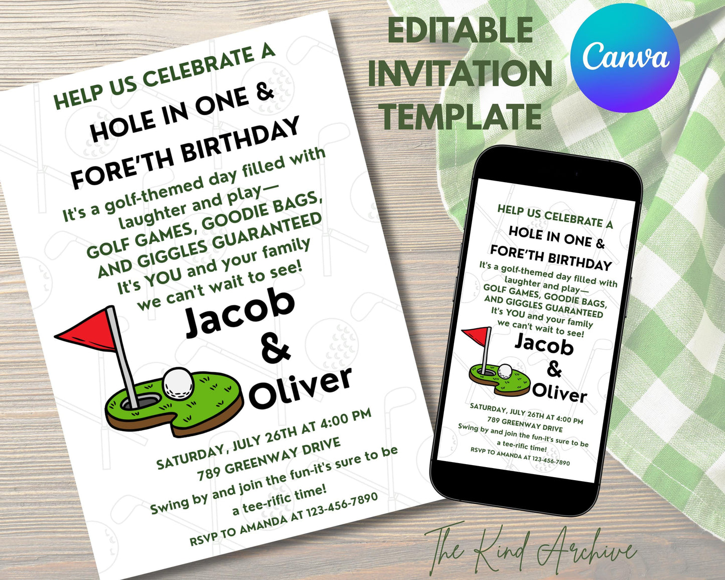 Golf Birthday Invitation | Hole in ONE and FOREth Birthday Party | Editable Golf Invite | Printable Twin or Sibling Invite