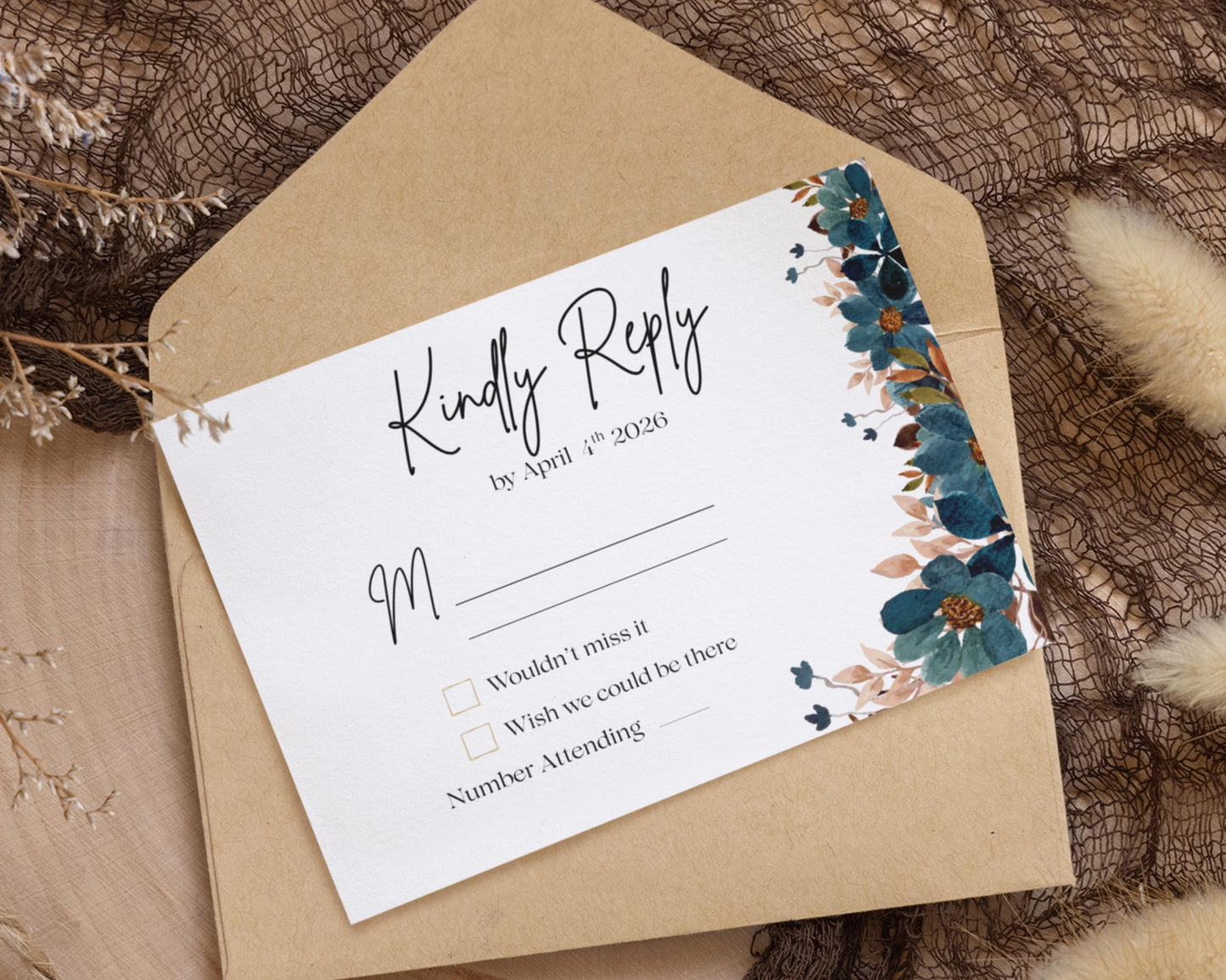 Elegant Boho Wedding Invitation Suite – Editable Canva Template | Blue & Blush Floral Design
