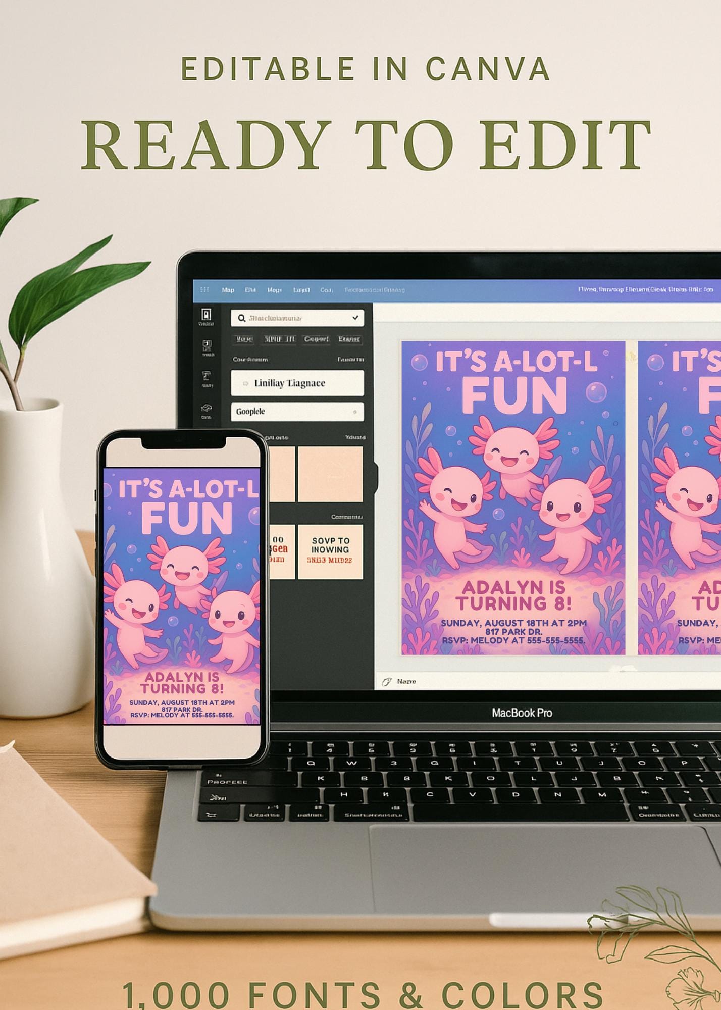 Axolotl Birthday Invitation | Editable Underwater Party Invite | Girl 8th Birthday | Pink Blue Purple | Instant Download