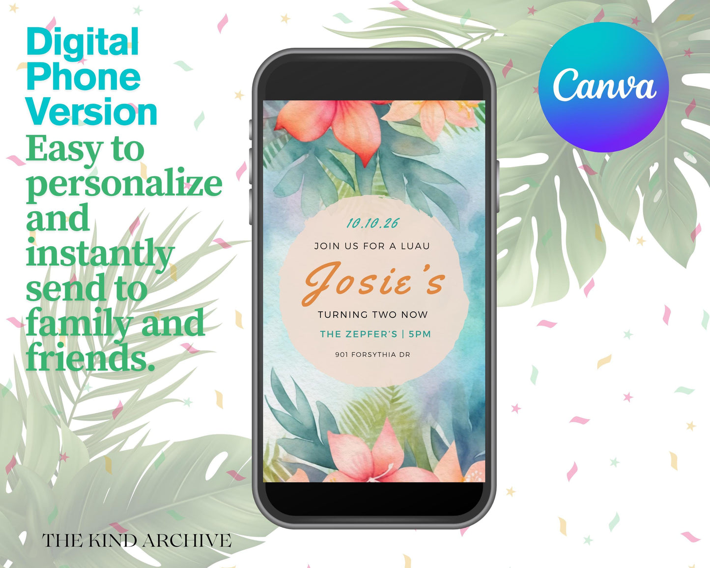 Luau Birthday Invitation Template | Editable Tropical Party Invite | Digital Canva Download | Printable Floral Birthday Invite