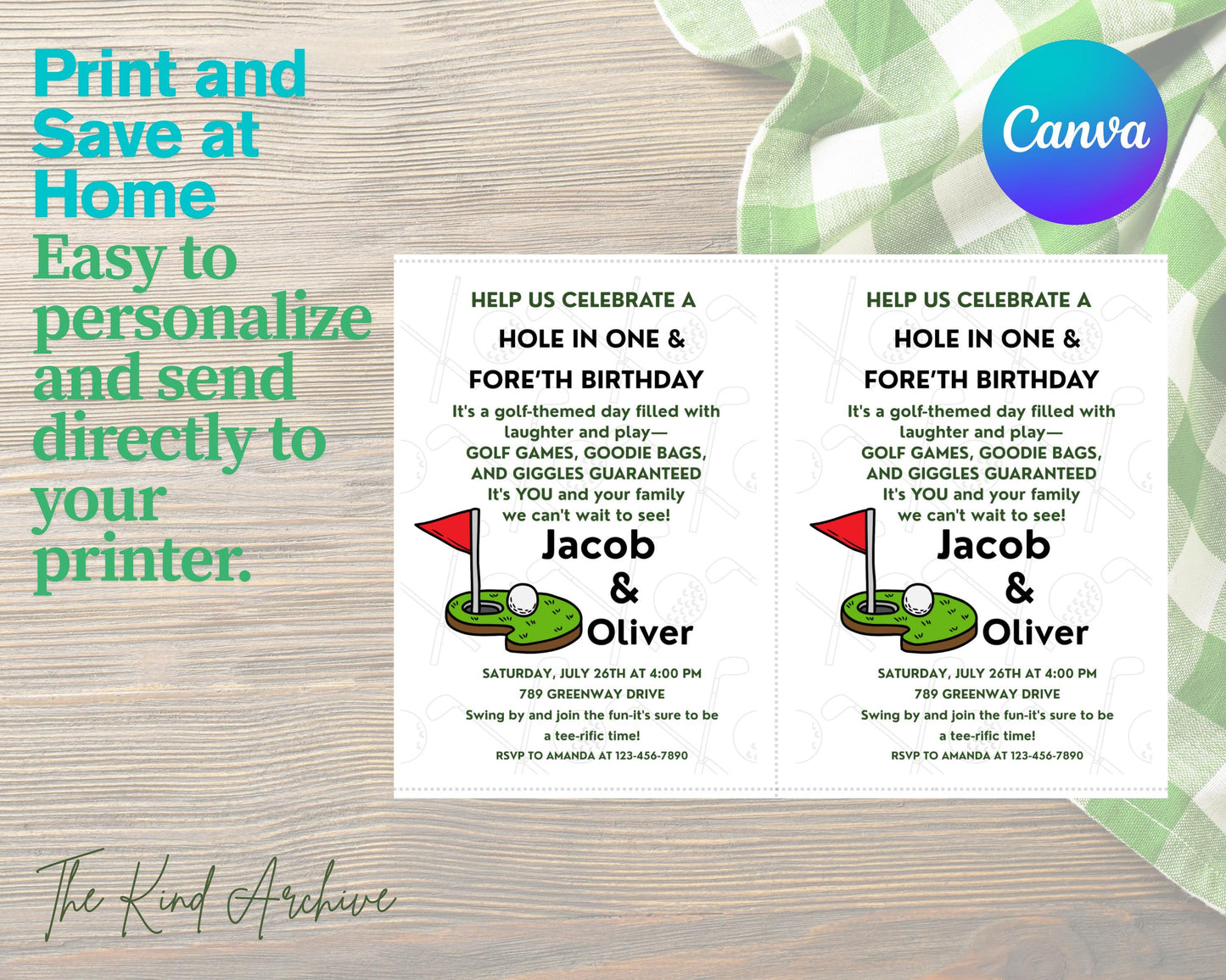 Golf Birthday Invitation | Hole in ONE and FOREth Birthday Party | Editable Golf Invite | Printable Twin or Sibling Invite