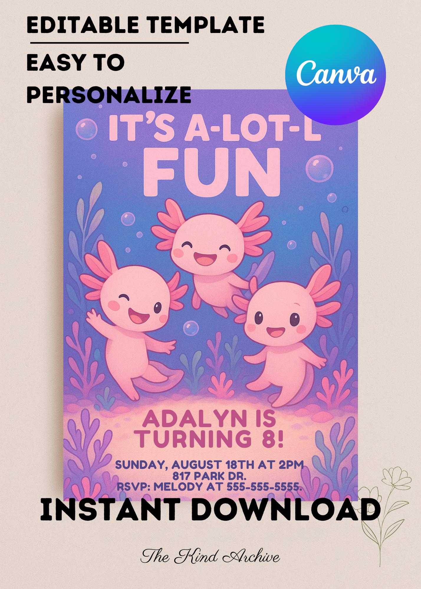Axolotl Birthday Invitation | Editable Underwater Party Invite | Girl 8th Birthday | Pink Blue Purple | Instant Download