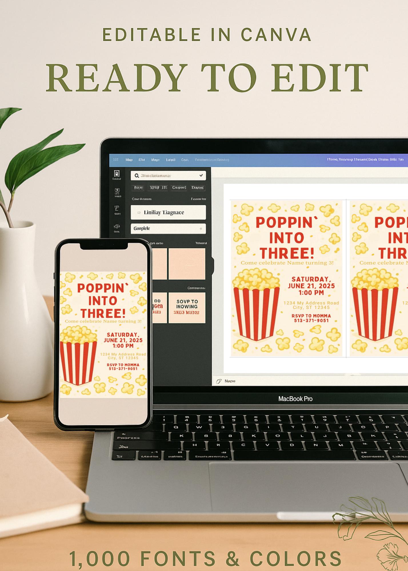 Popcorn Birthday Invitation | Editable Kids Birthday Invite | Canva Template | Instant Download