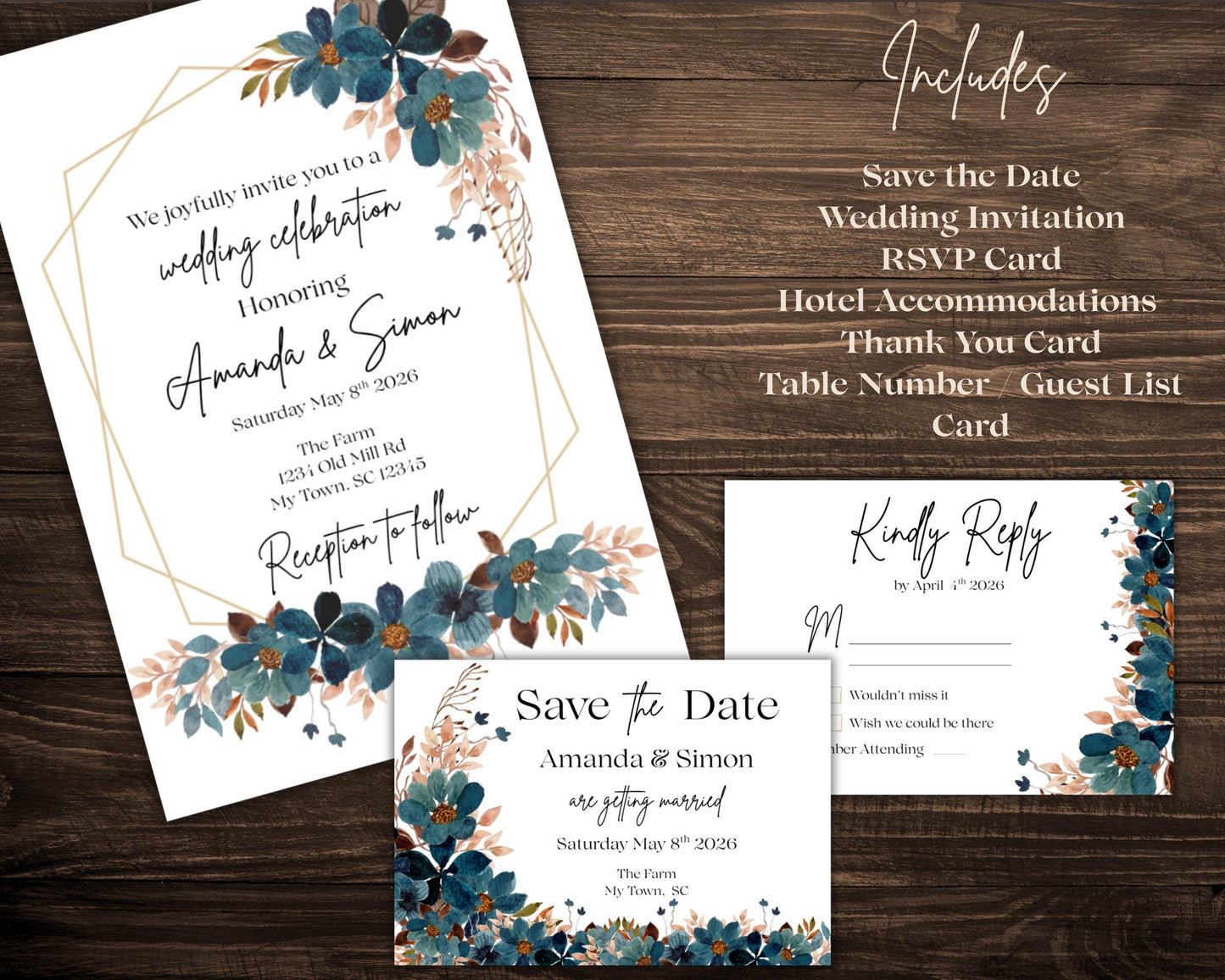 Elegant Boho Wedding Invitation Suite – Editable Canva Template | Blue & Blush Floral Design