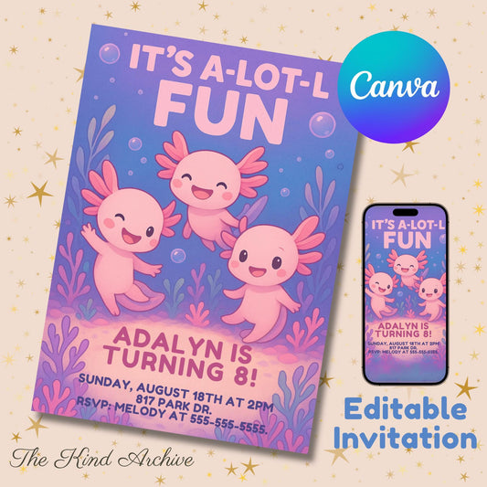Axolotl Birthday Invitation | Editable Underwater Party Invite | Girl 8th Birthday | Pink Blue Purple | Instant Download