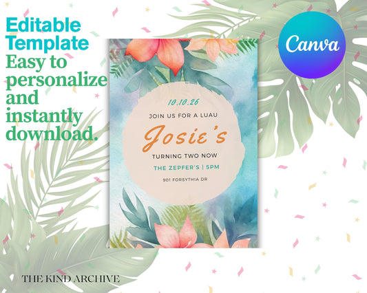 Luau Birthday Invitation Template | Editable Tropical Party Invite | Digital Canva Download | Printable Floral Birthday Invite