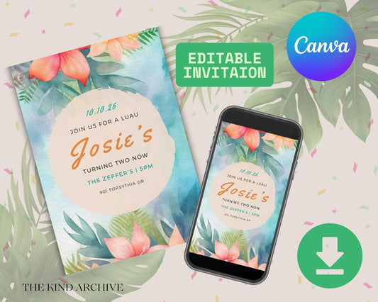 Luau Birthday Invitation Template | Editable Tropical Party Invite | Digital Canva Download | Printable Floral Birthday Invite