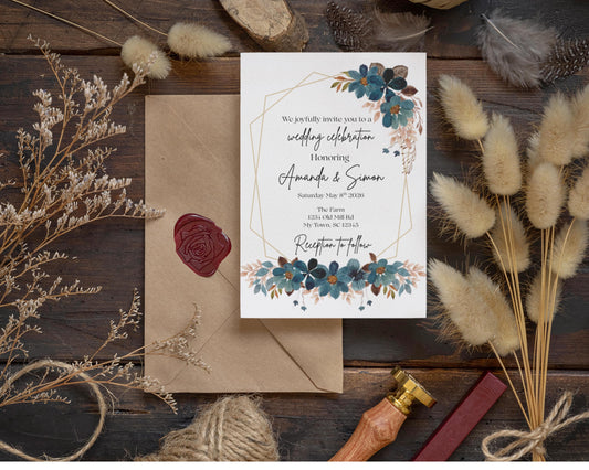 Elegant Boho Wedding Invitation Suite – Editable Canva Template | Blue & Blush Floral Design