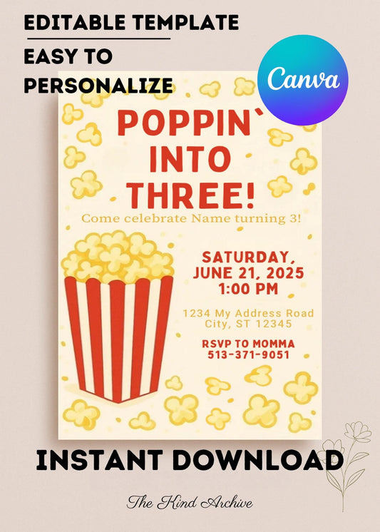 Popcorn Birthday Invitation | Editable Kids Birthday Invite | Canva Template | Instant Download