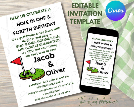 Golf Birthday Invitation | Hole in ONE and FOREth Birthday Party | Editable Golf Invite | Printable Twin or Sibling Invite