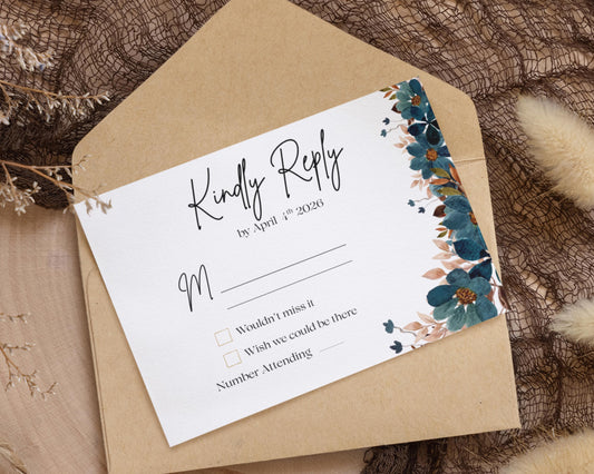 Elegant Boho Wedding Invitation Suite – Editable Canva Template | Blue & Blush Floral Design