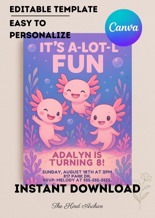 Axolotl Birthday Invitation | Editable Underwater Party Invite | Girl 8th Birthday | Pink Blue Purple | Instant Download