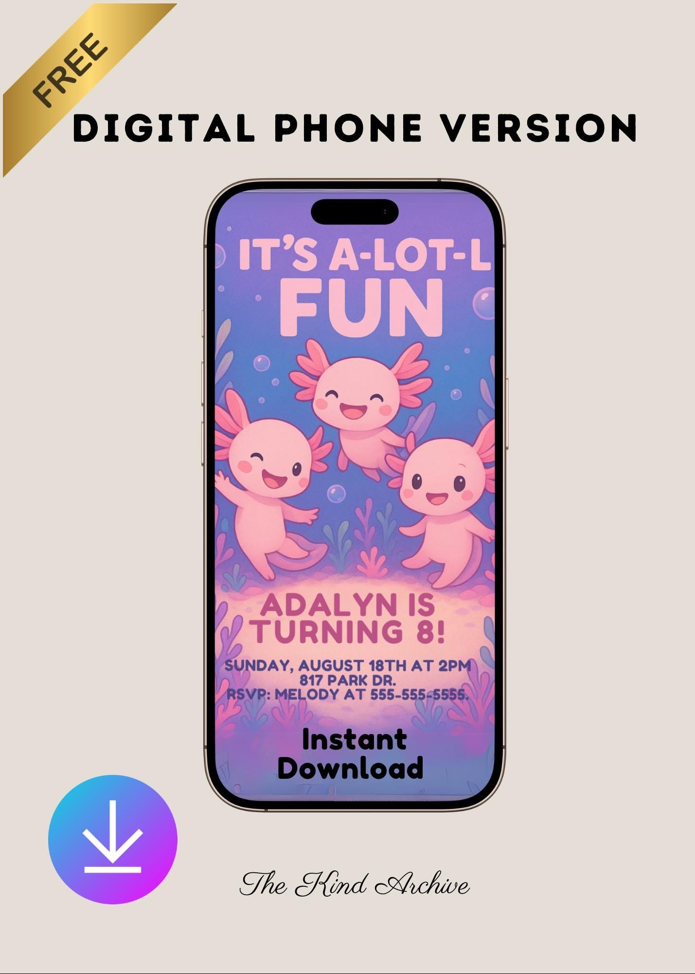 Axolotl Birthday Invitation | Editable Underwater Party Invite | Girl 8th Birthday | Pink Blue Purple | Instant Download