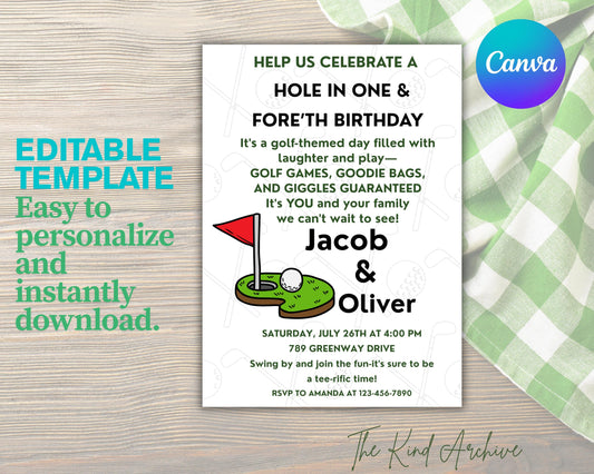 Golf Birthday Invitation | Hole in ONE and FOREth Birthday Party | Editable Golf Invite | Printable Twin or Sibling Invite